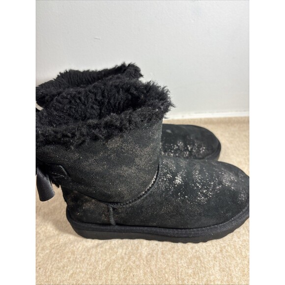 s-l400.jpg UGG MINI BAILEY BOW GLIMMER BLACK SUEDE GLITTER WOMEN\'S BOOTS SIZE 5 COMFY BOOTS